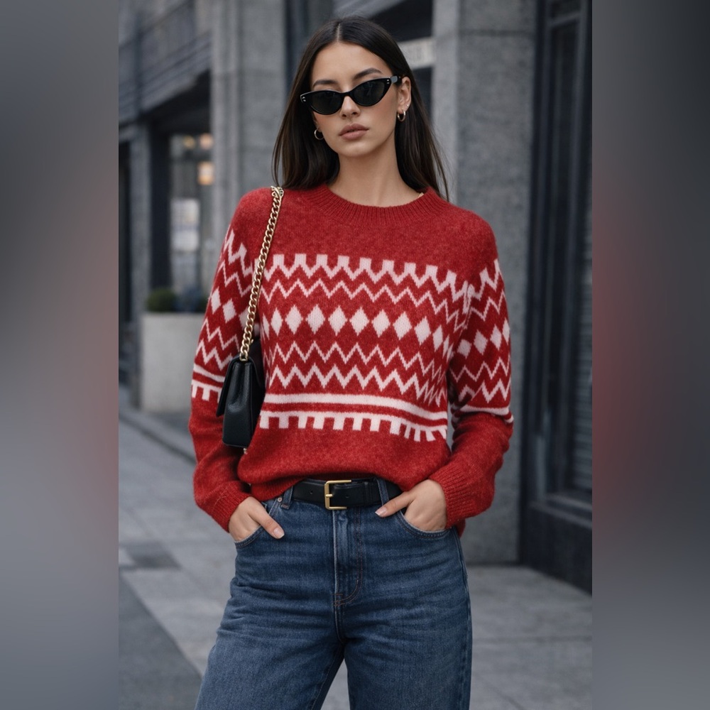 Sz S Butter Melon Red fair isle Patterned Sweater NWOT $70 MSRP